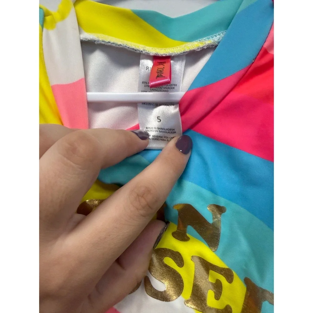Betsey Johnson Girls Rainbow Sun Kissed Swim Top Pom Pom Sleeve Rash Guard Siz 5